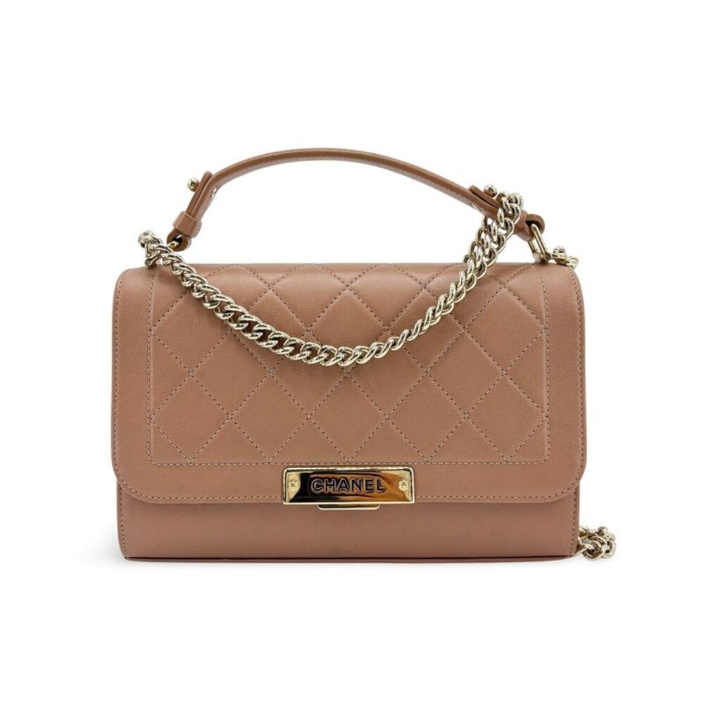 Chanel Statement Top Handle Flap Bag Medium Beige Gold Hardware
